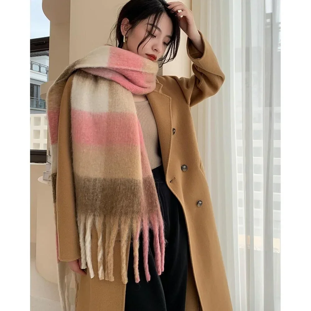 Women's Brown Pink Winter Warm Long Shawl Cold Weather Thick Blanket Scarfs